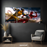 Wolverine vs Deadpool poster set by Dripster featuring dynamic battle art in a modern living room